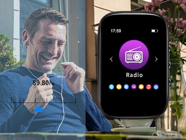 Smartwatch displaying radio app with colorful icons. Large screen shows time, purple radio icon, and navigation arrows. Background includes person wearing blue sweater.