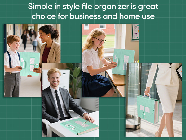 Text reads 'Simple in style file organizer is great choice for business and home use'. Series of office scenes showing people working with documents and files in a professional setting with green chalkboard background.