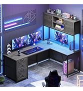 SEDETA L Shaped Gaming Desk, Reversible Computer Desk with Fabric Drawers and Power Outlet, Gamin...