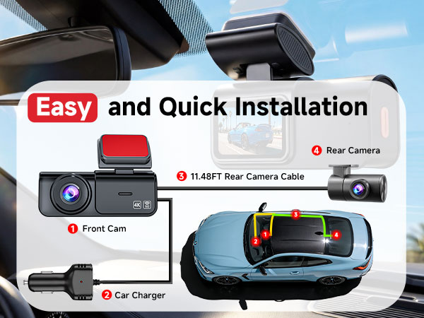 Dual Dash Cam Front and Rear: 4K+2.5K Dash Camera for Cars Built-in 5G WiFi APP Control Car Dashcam