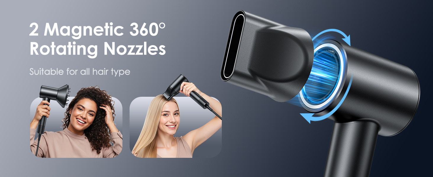 Hair dryer with two magnetic nozzles designed for easy attachment and flexible airflow direction.