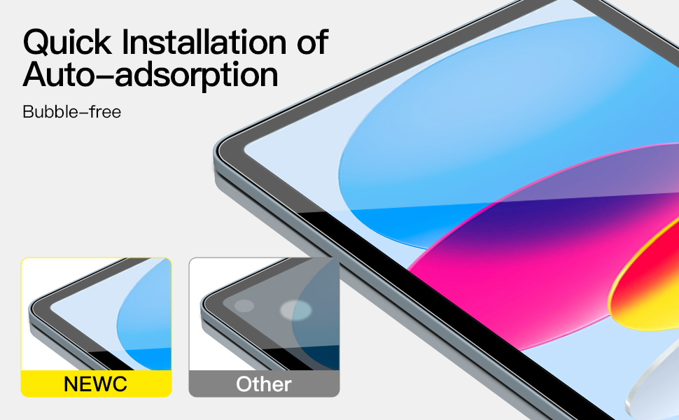 Close-up of a tablet screen protector installation process, showing bubble-free application and highlighting quick, auto-adsorption features.