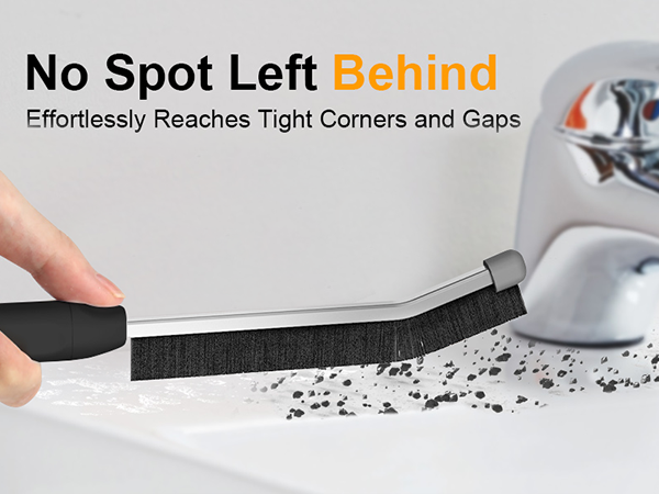 Text reads 'No Spot Left Behind' and 'Effortlessly Reaches Tight Corners and Gaps'. Demonstration of black cleaning tool being used on surface near sink.