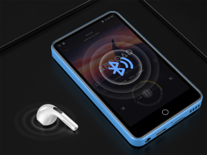 Blue smartphone displaying circular digital interface with percentage indicator, shown alongside white wireless earbud.