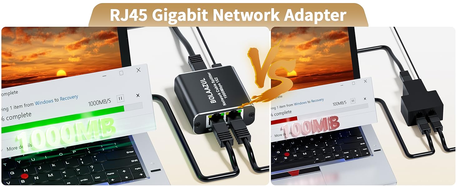 gigabit ethernet LAN splitter for Cat 5/5e/6/7/8 Cable 2 Devices Simultaneous Networking