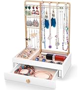 Teamkio Jewelry Stand Tree with Large White Storage Box, Tabletop Jewelry Organizer Display Tree ...