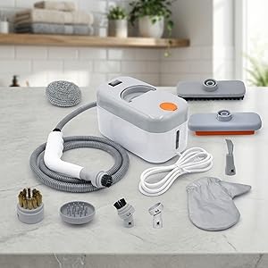 1200W steam cleaner with 9-piece accessory kit including stainless steel scrubber