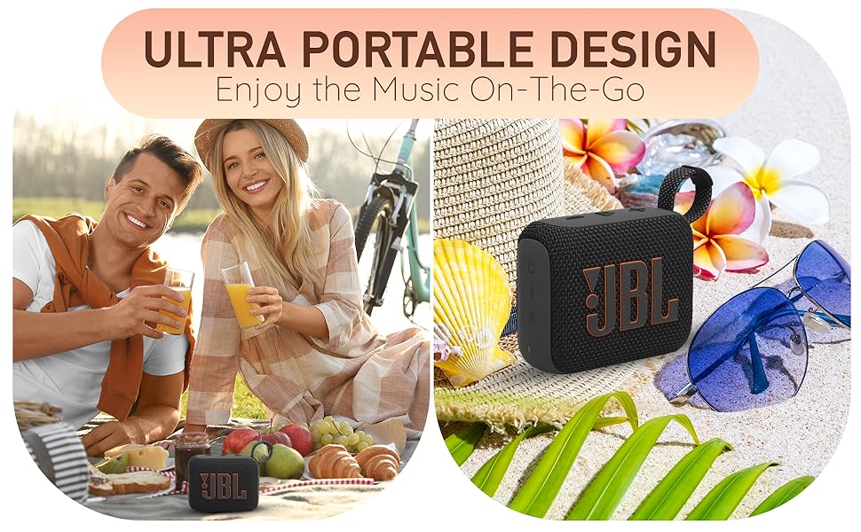 JBL portable speaker on a picnic blanket with a couple enjoying drinks and snacks outdoors.