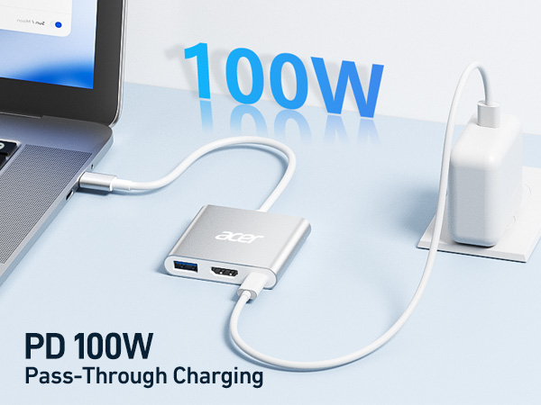 Text reads '100W' and 'PD 100W Pass-Through Charging'. White USB charging device with multiple ports shown against blue background demonstrating power delivery capabilities.