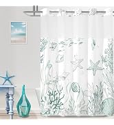 TWLSNCD No Hook Shower Curtain and Liner Set, Green Beach Coastal 71x74 | Nautical Ocean for Bath...