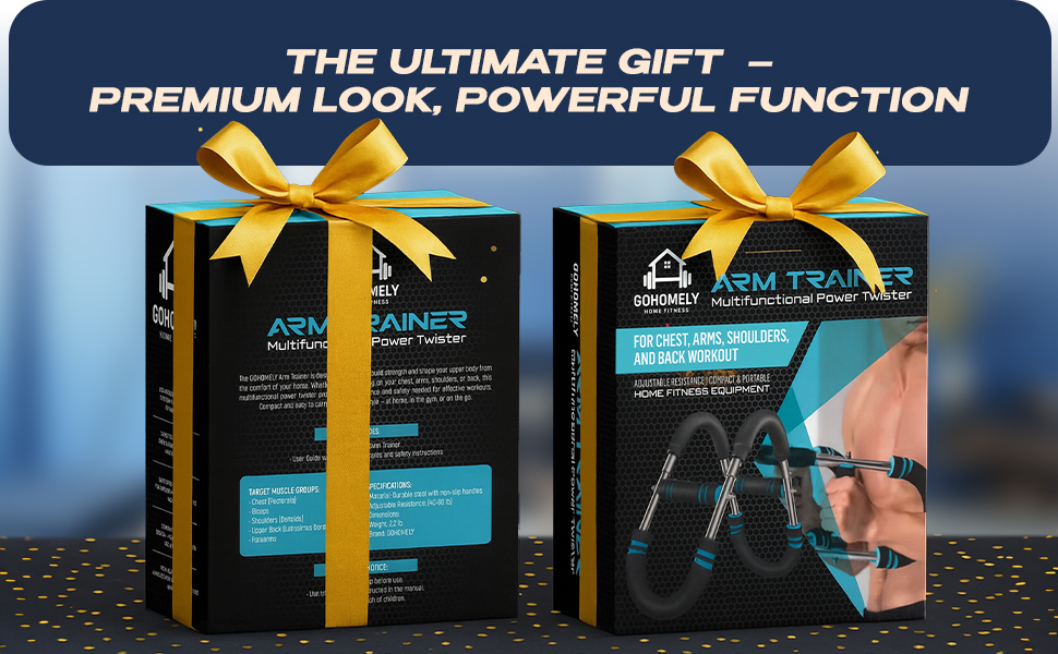 Arm trainer gift packaging with premium look and yellow ribbon, perfect for fitness lovers