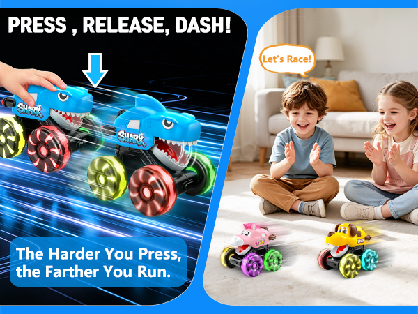 Monster Truck Toys for Kids Toddler, Press Go Light Up Wheels Car Toys Chomping Mouth Truck Toy