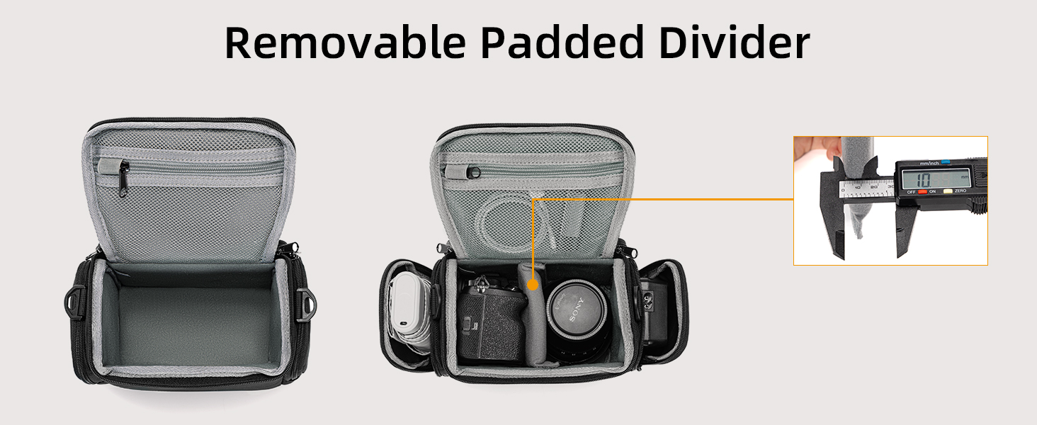 Text reads 'Removable Padded Divider'. Multiple views of gray padded storage compartments with adjustable dividers.