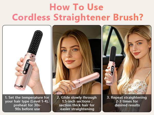 Cordless Hair Straightener Brush, Portable 4500mAh Rechargeable Straightening Comb, MCH Fast Heat