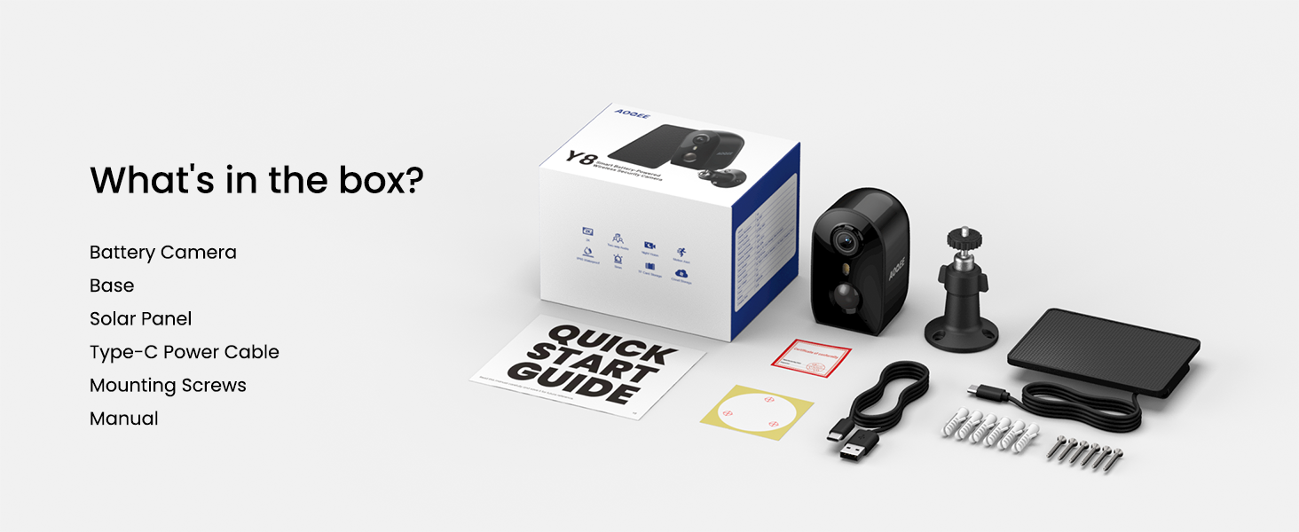 AOQEE Y8 camera includes the camera, mounting kit, solar panel, type-c cabel, manual in the box