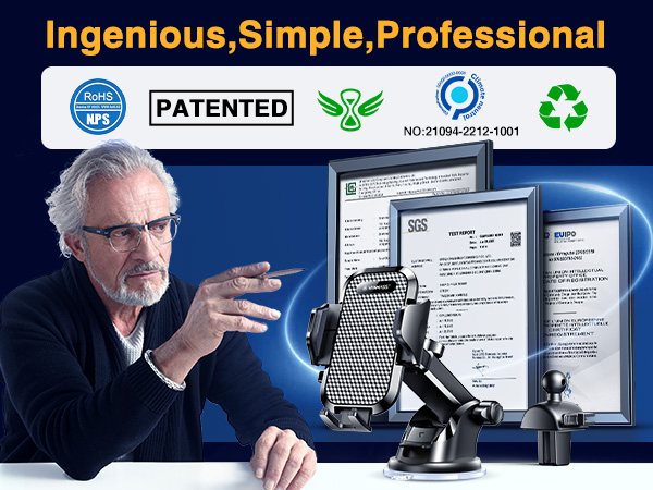 Text reads 'Ingenious, Simple, Professional'. Collection of professional workplace scenes with computer monitors and technology. Includes patent and certification icons.