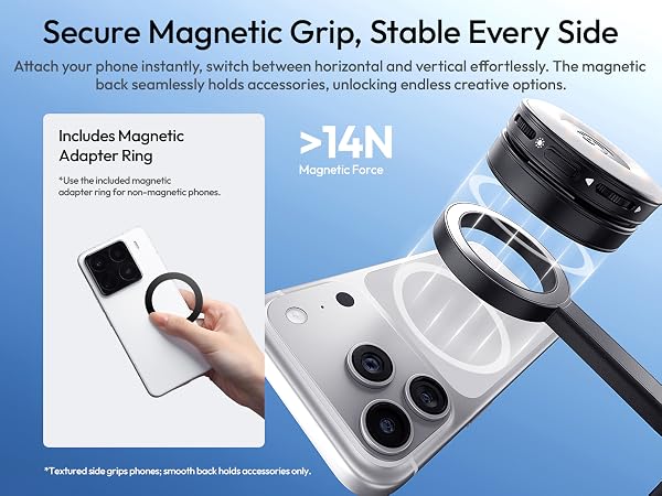 Text reads 'Secure Magnetic Grip, Stable Every Side >14N'. Product diagram showing magnetic phone adapter ring and mounting system with technical specifications.