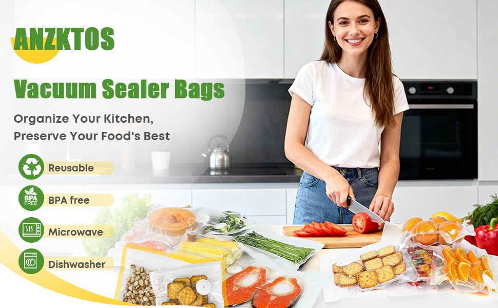 Vacuum Sealer Bags: Organize your kitchen. Features: Reusable, BPA Free, Microwave &amp;amp; Dishwasher safe