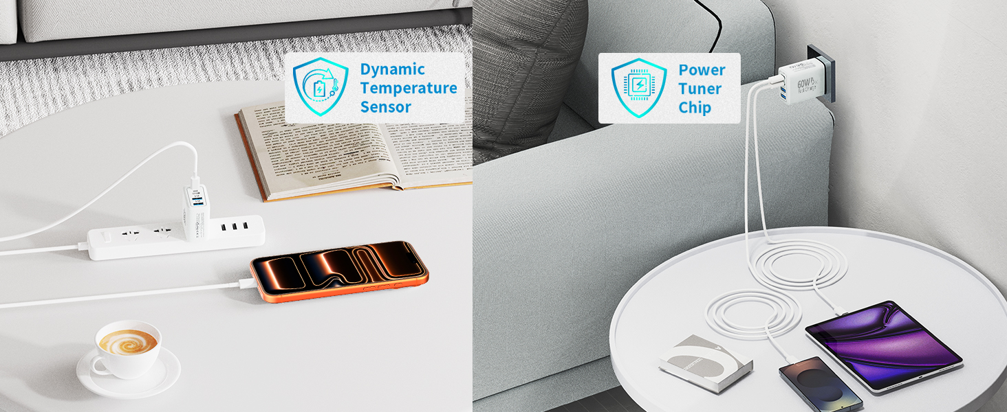 2Pack 60W 4Port USB C Wall Charger Block Dual PD&amp;amp;QC Power Type C Fast Charging Adapter USB-A Charge