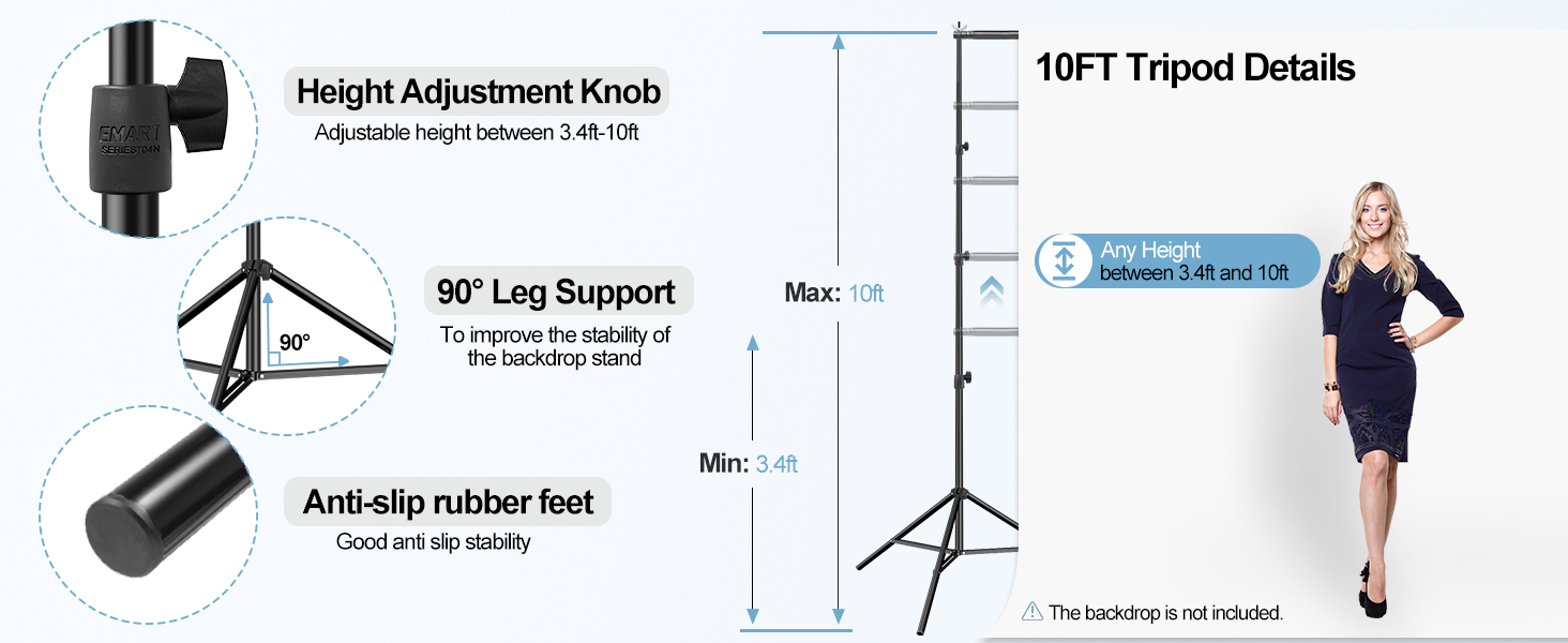 The tripod legs feature an adjustable height range from 3.4 feet to a full 10 feet
