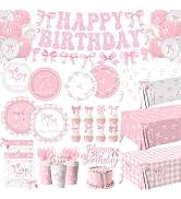 Pink Bow Birthday Decorations Serve 24, Coquette Birthday Decorations Tableware Sets Include Plat...