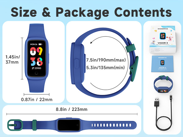 Text reads 'Size &amp; Package Contents'. Product specifications showing smartwatch dimensions (37mm width, 22mm band) with blue watch band and accessories package contents.