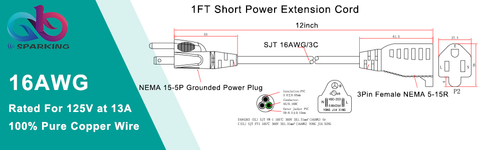Short 3 Prong Extension Cord Indoor SJT 16 AWG Heavy Duty 1 Foot AC Power Extensions Cable 