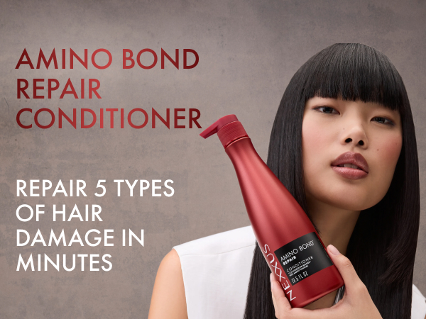 Woman with straight hair holding product's pump bottle next to text highlighting product benefits.