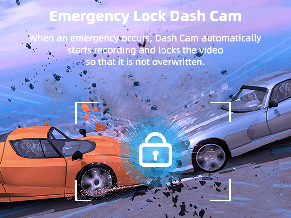 Illustration of dash cam emergency lock feature showing car collision scene with lock icon, demonstrating automatic video protection during incidents.