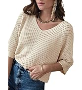 Dokotoo Women's 2024 Summer Spring Casual 3/4 Sleeve Solid Color V Neck Loose Pullover Knit Fall ...