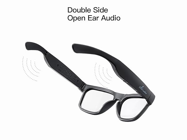Black audio glasses with open-ear design, featuring temple speakers for double-side audio output.