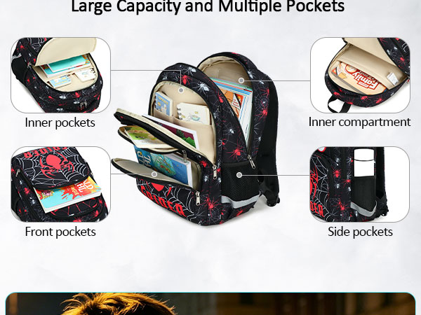 This backpack has a large capacity, with inner compartments, front pockets, and side pockets.