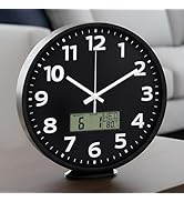 zyzamay 12 Inch Modern Black Indoor/Outdoor Wall Clock with LCD Display Thermometer &amp; Week &amp; Date...