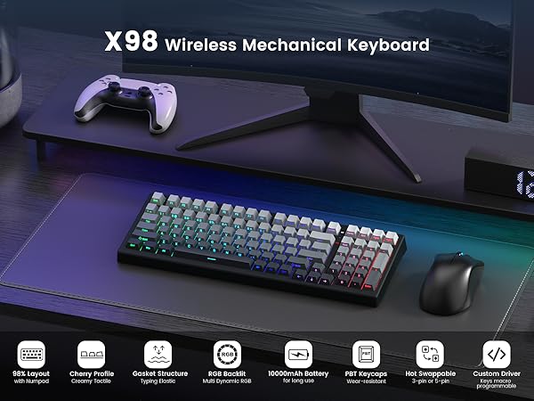X98 Wireless Mechanical Keyboard featuring 98% layout with numpad, Cherry profile PBT keycaps