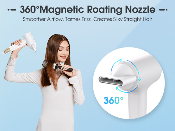 Plasma Hair Dryer 360°Magnetic Roating Nozzle Hair Dryer, High-Speed Brushless Motor Fast Drying 