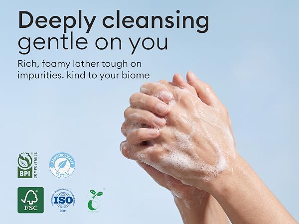Series of sustainability certification logos including FSC and ISO symbols, shown alongside kitchen cleaning scenes with eco-friendly cleaning products.