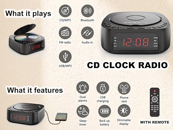 kuephom cd player alarm clock radio