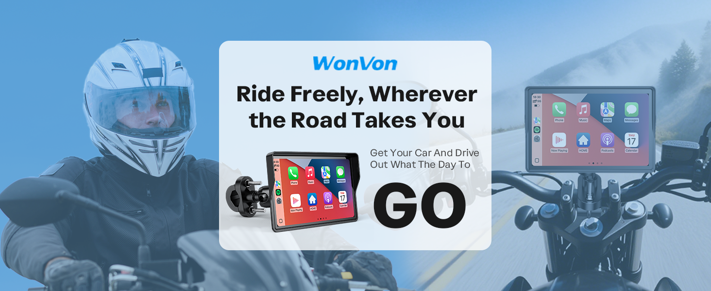 Text reads 'Ride Freely, Wherever the Road Takes You'. Marketing banner showing device mounts or holders against blue backgrounds with travel-themed imagery.