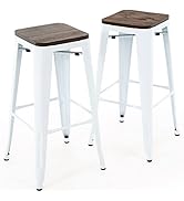 Brage Living 30 Inch Metal Bar Stools with Square Wood Seat Top, Backless Stackable Industrial Ba...