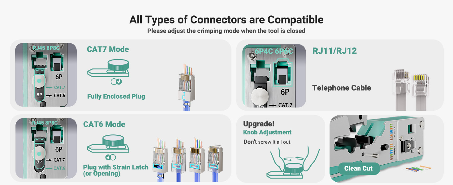 Crimp all RJ45, RJ12, and RJ11 connectors-metal, plastic, pass-through, or non-pass-through