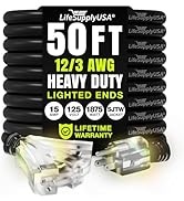 50ft Outdoor/Indoor Extension Cord 3-Outlet 12/3 Gauge Extra Heavy Duty 3 Prong SJTW, Waterproof,...