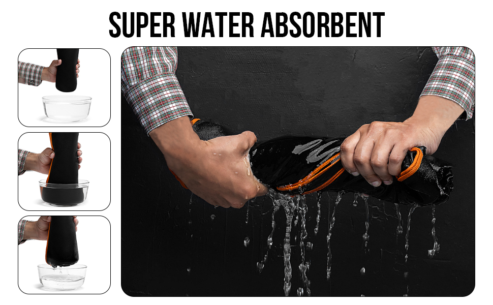 Super water absorbent product demonstration. Hands squeeze black cylindrical object, releasing water. Side panels show product absorbing and releasing water.