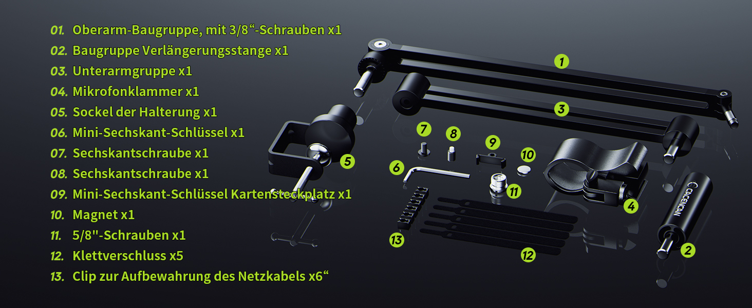 Multi-tool kit with various components numbered 1-13. Includes hex keys, screwdrivers, and other small tools arranged on a dark background.