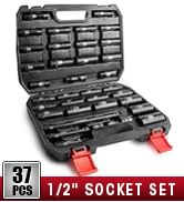 LLNDEI 1/2 inch Drive Deep Impact Socket Set, 37 Piece Standard SAE 3/8" to 1-1/4" | Metric 8 to ...