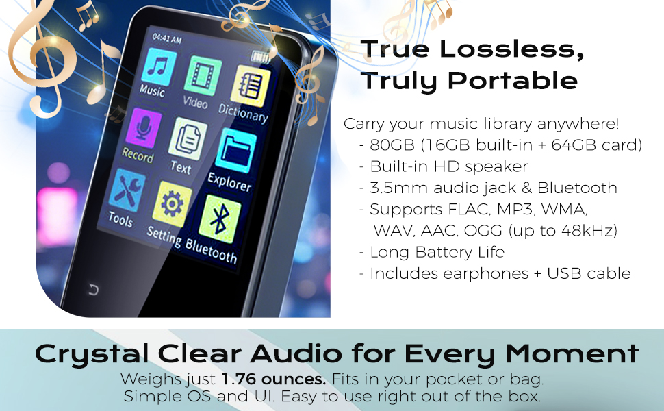 Lossless Sound, 16GB Built-in+64GB Card