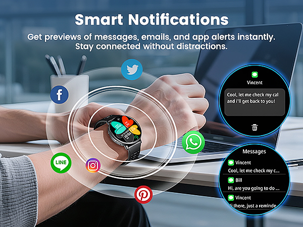 Text reads 'Smart Notifications'. Multiple panels showing smartwatch interface with notification icons for messaging apps, email, and social media platforms against blue backgrounds.