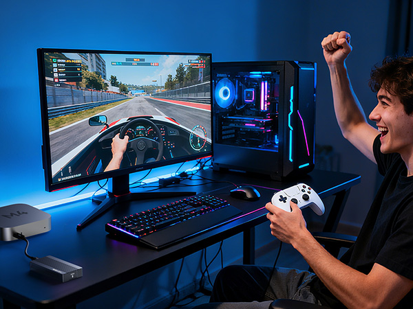 Gaming setup composite showing multiple views of a dark room with blue LED lighting, featuring gaming monitors, keyboard, controller, and someone playing at a gaming station.