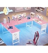 Pamray 71 Inch Large Computer Desk with Power Outlets,U Shaped Corner Desk for Home Office Work a...