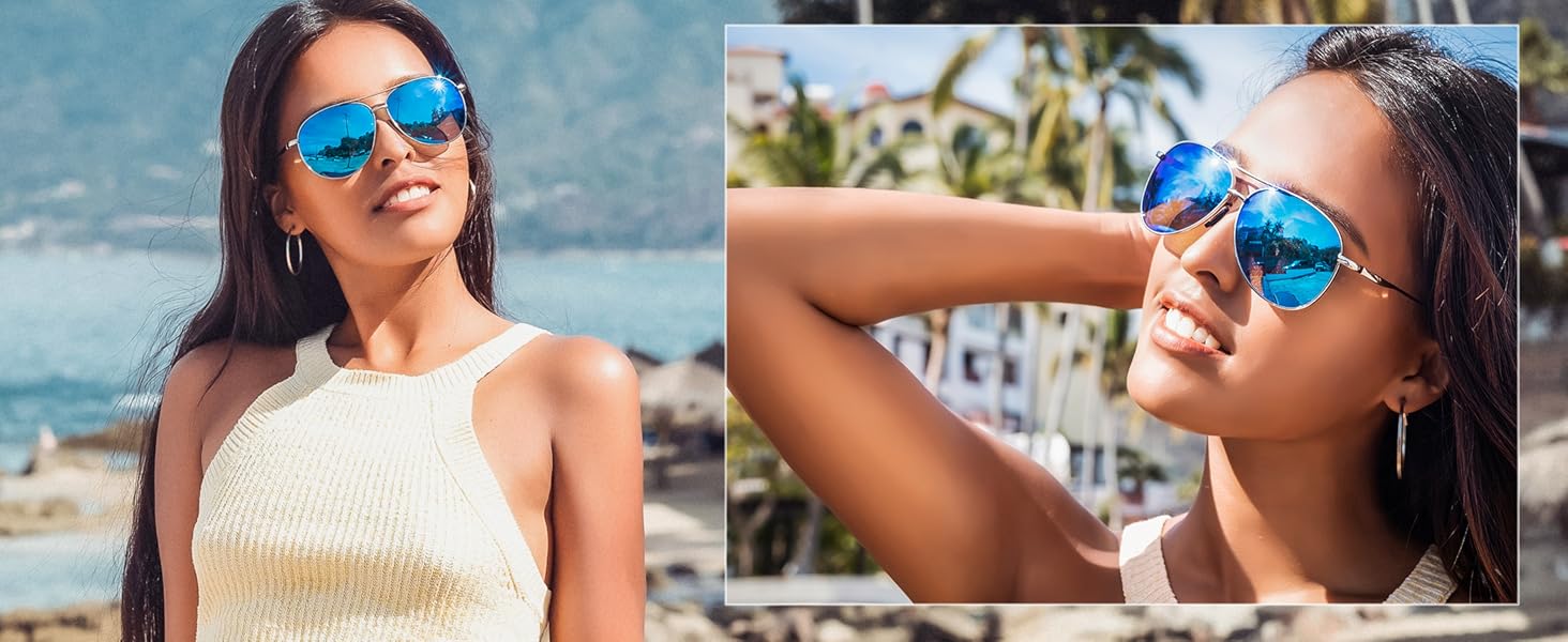 A stylish and elegant lady wearing blue mirror glasses at the beach