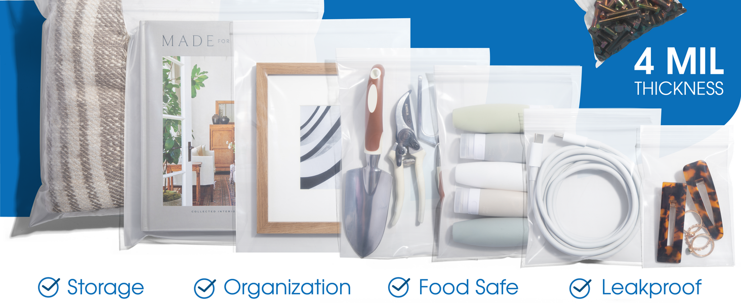 Household items in zip bags of various sizes. Text reads storage, organization, food safe, leakproof